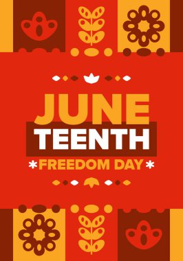 Haziran 'da. Haziranda Özgürlük ve Özgürlük Günü. Bağımsızlık Günü. Yıllık Afro-Amerikan bayramı, 19 Haziran 'da kutlandı. Amerikan tarihi ve mirası. Vektör posteri, illüstrasyon ve afiş