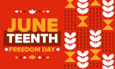 Haziran 'da. Haziranda Özgürlük ve Özgürlük Günü. Bağımsızlık Günü. Yıllık Afro-Amerikan bayramı, 19 Haziran 'da kutlandı. Amerikan tarihi ve mirası. Vektör posteri, illüstrasyon ve afiş