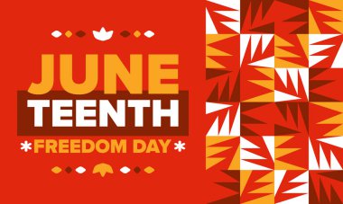 Haziran 'da. Haziranda Özgürlük ve Özgürlük Günü. Bağımsızlık Günü. Yıllık Afro-Amerikan bayramı, 19 Haziran 'da kutlandı. Amerikan tarihi ve mirası. Vektör posteri, illüstrasyon ve afiş