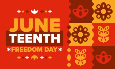 Haziran 'da. Haziranda Özgürlük ve Özgürlük Günü. Bağımsızlık Günü. Yıllık Afro-Amerikan bayramı, 19 Haziran 'da kutlandı. Amerikan tarihi ve mirası. Vektör posteri, illüstrasyon ve afiş