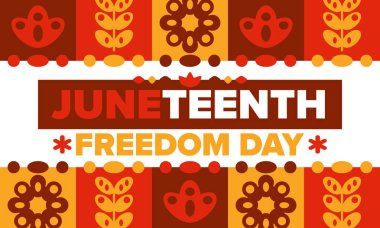 Haziran 'da. Haziranda Özgürlük ve Özgürlük Günü. Bağımsızlık Günü. Yıllık Afro-Amerikan bayramı, 19 Haziran 'da kutlandı. Amerikan tarihi ve mirası. Vektör posteri, illüstrasyon ve afiş