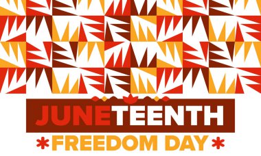 Haziran 'da. Haziranda Özgürlük ve Özgürlük Günü. Bağımsızlık Günü. Yıllık Afro-Amerikan bayramı, 19 Haziran 'da kutlandı. Amerikan tarihi ve mirası. Vektör posteri, illüstrasyon ve afiş