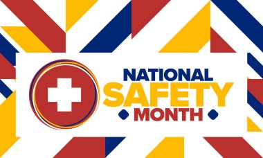 Haziran 'da Ulusal Güvenlik Ayı. Birleşik Devletler 'de bir aylık kutlama. İş yerinde, evde ve yolda kasıtsız yaralanmalar uyarısı. Güvenlik kavramı. Poster, kart, afiş ve arkaplan