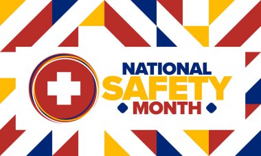 Haziran 'da Ulusal Güvenlik Ayı. Birleşik Devletler 'de bir aylık kutlama. İş yerinde, evde ve yolda kasıtsız yaralanmalar uyarısı. Güvenlik kavramı. Poster, kart, afiş ve arkaplan