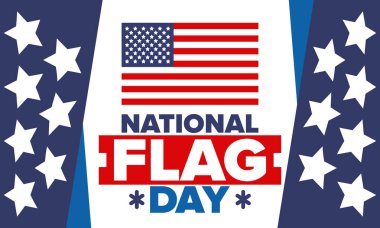 ABD 'de Ulusal Bayrak Günü. Amerikan bayrağı günü. ABD 'de yıllık 14 Haziran tatili kutlandı. Vatanseverlik tasarımı. Poster, tebrik kartı, afiş ve geçmiş. Vektör illüstrasyonu