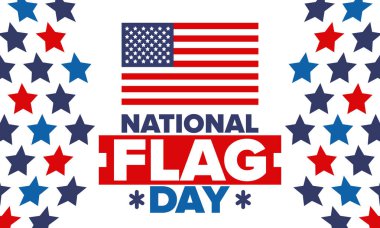 ABD 'de Ulusal Bayrak Günü. Amerikan bayrağı günü. ABD 'de yıllık 14 Haziran tatili kutlandı. Vatanseverlik tasarımı. Poster, tebrik kartı, afiş ve geçmiş. Vektör illüstrasyonu