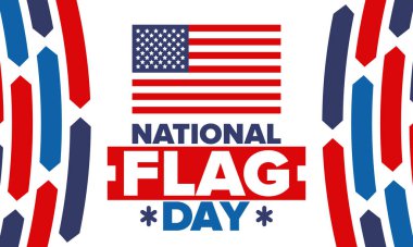 ABD 'de Ulusal Bayrak Günü. Amerikan bayrağı günü. ABD 'de yıllık 14 Haziran tatili kutlandı. Vatanseverlik tasarımı. Poster, tebrik kartı, afiş ve geçmiş. Vektör illüstrasyonu