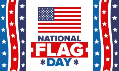 ABD 'de Ulusal Bayrak Günü. Amerikan bayrağı günü. ABD 'de yıllık 14 Haziran tatili kutlandı. Vatanseverlik tasarımı. Poster, tebrik kartı, afiş ve geçmiş. Vektör illüstrasyonu