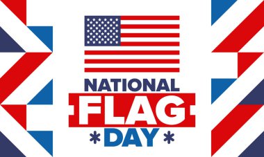 ABD 'de Ulusal Bayrak Günü. Amerikan bayrağı günü. ABD 'de yıllık 14 Haziran tatili kutlandı. Vatanseverlik tasarımı. Poster, tebrik kartı, afiş ve geçmiş. Vektör illüstrasyonu