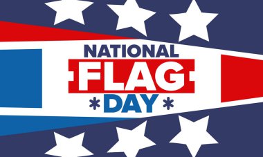 ABD 'de Ulusal Bayrak Günü. Amerikan bayrağı günü. ABD 'de yıllık 14 Haziran tatili kutlandı. Vatanseverlik tasarımı. Poster, tebrik kartı, afiş ve geçmiş. Vektör illüstrasyonu