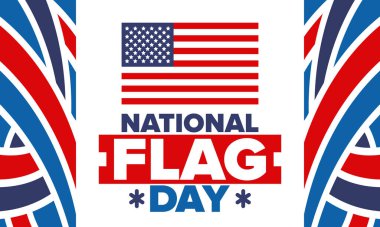 ABD 'de Ulusal Bayrak Günü. Amerikan bayrağı günü. ABD 'de yıllık 14 Haziran tatili kutlandı. Vatanseverlik tasarımı. Poster, tebrik kartı, afiş ve geçmiş. Vektör illüstrasyonu