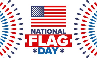 ABD 'de Ulusal Bayrak Günü. Amerikan bayrağı günü. ABD 'de yıllık 14 Haziran tatili kutlandı. Vatanseverlik tasarımı. Poster, tebrik kartı, afiş ve geçmiş. Vektör illüstrasyonu