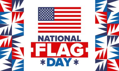 ABD 'de Ulusal Bayrak Günü. Amerikan bayrağı günü. ABD 'de yıllık 14 Haziran tatili kutlandı. Vatanseverlik tasarımı. Poster, tebrik kartı, afiş ve geçmiş. Vektör illüstrasyonu