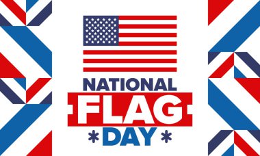 ABD 'de Ulusal Bayrak Günü. Amerikan bayrağı günü. ABD 'de yıllık 14 Haziran tatili kutlandı. Vatanseverlik tasarımı. Poster, tebrik kartı, afiş ve geçmiş. Vektör illüstrasyonu