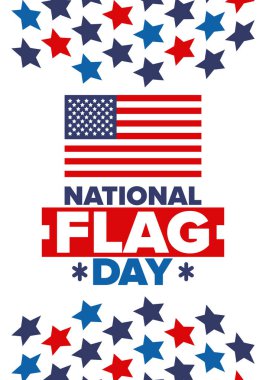 ABD 'de Ulusal Bayrak Günü. Amerikan bayrağı günü. ABD 'de yıllık 14 Haziran tatili kutlandı. Vatanseverlik tasarımı. Poster, tebrik kartı, afiş ve geçmiş. Vektör illüstrasyonu