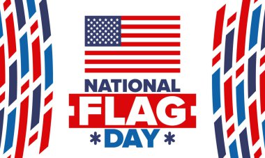 ABD 'de Ulusal Bayrak Günü. Amerikan bayrağı günü. ABD 'de yıllık 14 Haziran tatili kutlandı. Vatanseverlik tasarımı. Poster, tebrik kartı, afiş ve geçmiş. Vektör illüstrasyonu