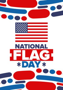 ABD 'de Ulusal Bayrak Günü. Amerikan bayrağı günü. ABD 'de yıllık 14 Haziran tatili kutlandı. Vatanseverlik tasarımı. Poster, tebrik kartı, afiş ve geçmiş. Vektör illüstrasyonu