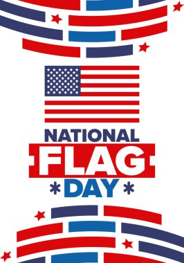 ABD 'de Ulusal Bayrak Günü. Amerikan bayrağı günü. ABD 'de yıllık 14 Haziran tatili kutlandı. Vatanseverlik tasarımı. Poster, tebrik kartı, afiş ve geçmiş. Vektör illüstrasyonu