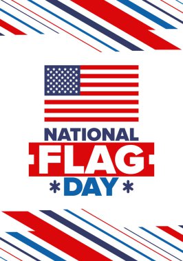 ABD 'de Ulusal Bayrak Günü. Amerikan bayrağı günü. ABD 'de yıllık 14 Haziran tatili kutlandı. Vatanseverlik tasarımı. Poster, tebrik kartı, afiş ve geçmiş. Vektör illüstrasyonu