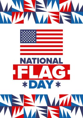 ABD 'de Ulusal Bayrak Günü. Amerikan bayrağı günü. ABD 'de yıllık 14 Haziran tatili kutlandı. Vatanseverlik tasarımı. Poster, tebrik kartı, afiş ve geçmiş. Vektör illüstrasyonu