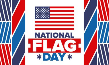 ABD 'de Ulusal Bayrak Günü. Amerikan bayrağı günü. ABD 'de yıllık 14 Haziran tatili kutlandı. Vatanseverlik tasarımı. Poster, tebrik kartı, afiş ve geçmiş. Vektör illüstrasyonu