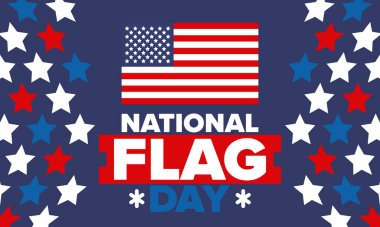 ABD 'de Ulusal Bayrak Günü. Amerikan bayrağı günü. ABD 'de yıllık 14 Haziran tatili kutlandı. Vatanseverlik tasarımı. Poster, tebrik kartı, afiş ve geçmiş. Vektör illüstrasyonu