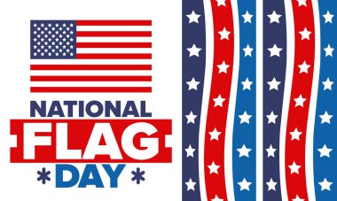 ABD 'de Ulusal Bayrak Günü. Amerikan bayrağı günü. ABD 'de yıllık 14 Haziran tatili kutlandı. Vatanseverlik tasarımı. Poster, tebrik kartı, afiş ve geçmiş. Vektör illüstrasyonu