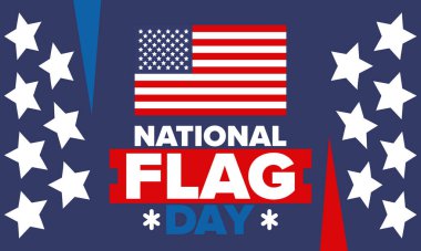 ABD 'de Ulusal Bayrak Günü. Amerikan bayrağı günü. ABD 'de yıllık 14 Haziran tatili kutlandı. Vatanseverlik tasarımı. Poster, tebrik kartı, afiş ve geçmiş. Vektör illüstrasyonu