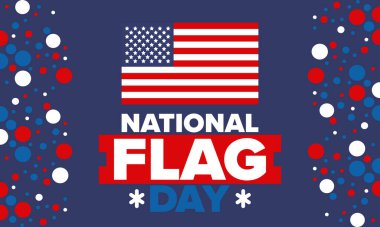 ABD 'de Ulusal Bayrak Günü. Amerikan bayrağı günü. ABD 'de yıllık 14 Haziran tatili kutlandı. Vatanseverlik tasarımı. Poster, tebrik kartı, afiş ve geçmiş. Vektör illüstrasyonu