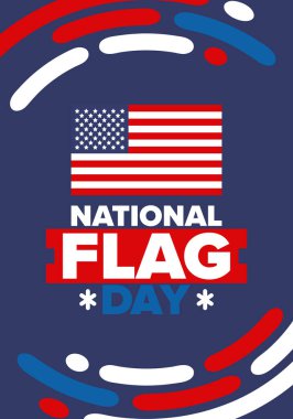 ABD 'de Ulusal Bayrak Günü. Amerikan bayrağı günü. ABD 'de yıllık 14 Haziran tatili kutlandı. Vatanseverlik tasarımı. Poster, tebrik kartı, afiş ve geçmiş. Vektör illüstrasyonu
