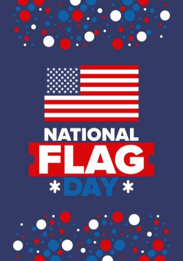 ABD 'de Ulusal Bayrak Günü. Amerikan bayrağı günü. ABD 'de yıllık 14 Haziran tatili kutlandı. Vatanseverlik tasarımı. Poster, tebrik kartı, afiş ve geçmiş. Vektör illüstrasyonu