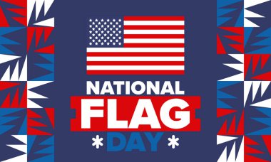 ABD 'de Ulusal Bayrak Günü. Amerikan bayrağı günü. ABD 'de yıllık 14 Haziran tatili kutlandı. Vatanseverlik tasarımı. Poster, tebrik kartı, afiş ve geçmiş. Vektör illüstrasyonu