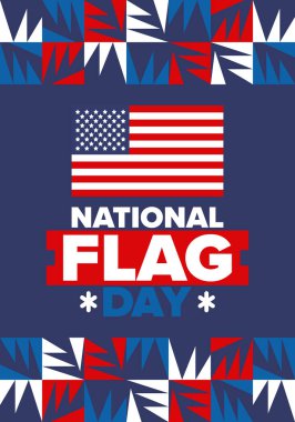 ABD 'de Ulusal Bayrak Günü. Amerikan bayrağı günü. ABD 'de yıllık 14 Haziran tatili kutlandı. Vatanseverlik tasarımı. Poster, tebrik kartı, afiş ve geçmiş. Vektör illüstrasyonu