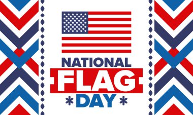 ABD 'de Ulusal Bayrak Günü. Amerikan bayrağı günü. ABD 'de yıllık 14 Haziran tatili kutlandı. Vatanseverlik tasarımı. Poster, tebrik kartı, afiş ve geçmiş. Vektör illüstrasyonu