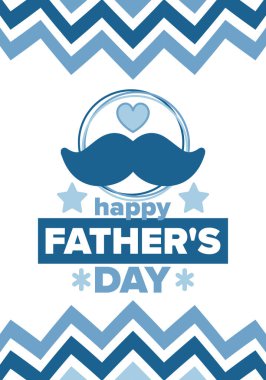 Babalar Günün kutlu olsun. Onurlu babalar. Haziranda güzel bir kutlama. En tatlı aile tatili. Yaz partisi etkinliği. Baban ve çocukları. Vektör bıyık ve kalp. Mavi renk tasarımı. Yaratıcı sanat posteri. Grafik illüstrasyon