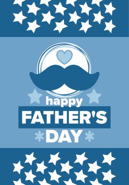 Babalar Günün kutlu olsun. Onurlu babalar. Haziranda güzel bir kutlama. En tatlı aile tatili. Parti etkinliği. Bıyık ve kalp. Mavi renk. Yaratıcı sanat posteri. Vektör tasarımı 