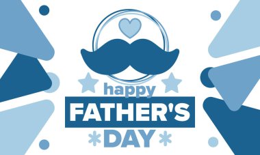 Babalar Günün kutlu olsun. Onurlu babalar. Haziranda güzel bir kutlama. En tatlı aile tatili. Parti etkinliği. Bıyık ve kalp. Mavi renk. Yaratıcı sanat posteri. Vektör tasarımı 