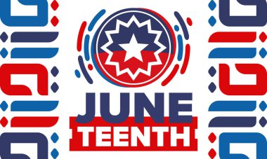 Haziran 'da. Haziranda Özgürlük ve Özgürlük Günü. Bağımsızlık Günü. Yıllık Afro-Amerikan bayramı, 19 Haziran 'da kutlandı. Amerikan tarihi ve mirası. Vektör posteri, illüstrasyon ve afiş