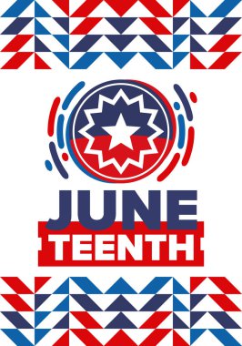 Haziran 'da. Haziranda Özgürlük ve Özgürlük Günü. Bağımsızlık Günü. Yıllık Afro-Amerikan bayramı, 19 Haziran 'da kutlandı. Amerikan tarihi ve mirası. Vektör posteri, illüstrasyon ve afiş
