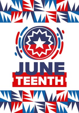 Haziran 'da. Haziranda Özgürlük ve Özgürlük Günü. Bağımsızlık Günü. Yıllık Afro-Amerikan bayramı, 19 Haziran 'da kutlandı. Amerikan tarihi ve mirası. Vektör posteri, illüstrasyon ve afiş