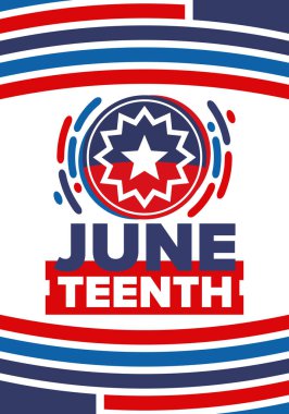 Haziran 'da. Haziranda Özgürlük ve Özgürlük Günü. Bağımsızlık Günü. Yıllık Afro-Amerikan bayramı, 19 Haziran 'da kutlandı. Amerikan tarihi ve mirası. Vektör posteri, illüstrasyon ve afiş