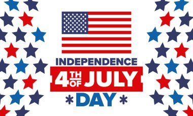 Amerika Birleşik Devletleri 'nde Bağımsızlık Günü. 4 Temmuz 'da. Ulusal bayramın kutlu olsun, 4 Temmuz 'da kutlandı. Amerikan bayrağı. Ülke özgürlüğü günü. Vatansever olay tasarımı. Vektör posteri