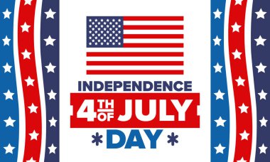 Amerika Birleşik Devletleri 'nde Bağımsızlık Günü. 4 Temmuz 'da. Ulusal bayramın kutlu olsun, 4 Temmuz 'da kutlandı. Amerikan bayrağı. Ülke özgürlüğü günü. Vatansever olay tasarımı. Vektör posteri