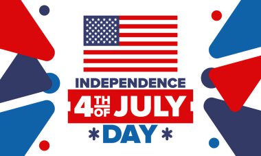 Amerika Birleşik Devletleri 'nde Bağımsızlık Günü. 4 Temmuz 'da. Ulusal bayramın kutlu olsun, 4 Temmuz 'da kutlandı. Amerikan bayrağı. Ülke özgürlüğü günü. Vatansever olay tasarımı. Vektör posteri
