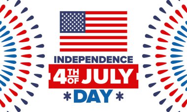 Amerika Birleşik Devletleri 'nde Bağımsızlık Günü. 4 Temmuz 'da. Ulusal bayramın kutlu olsun, 4 Temmuz 'da kutlandı. Amerikan bayrağı. Ülke özgürlüğü günü. Vatansever olay tasarımı. Vektör posteri