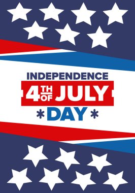 Amerika Birleşik Devletleri 'nde Bağımsızlık Günü. 4 Temmuz 'da. Ulusal bayramın kutlu olsun, 4 Temmuz 'da kutlandı. Amerikan bayrağı. Ülke özgürlüğü günü. Vatansever olay tasarımı. Vektör posteri