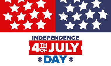 Amerika Birleşik Devletleri 'nde Bağımsızlık Günü. 4 Temmuz 'da. Ulusal bayramın kutlu olsun, 4 Temmuz 'da kutlandı. Amerikan bayrağı. Ülke özgürlüğü günü. Vatansever olay tasarımı. Vektör posteri