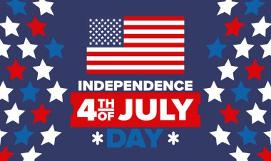 Amerika Birleşik Devletleri 'nde Bağımsızlık Günü. 4 Temmuz 'da. Ulusal bayramın kutlu olsun, 4 Temmuz 'da kutlandı. Amerikan bayrağı. Ülke özgürlüğü günü. Vatansever olay tasarımı. Vektör posteri