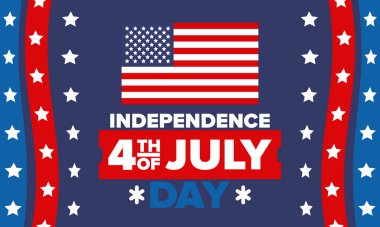 Amerika Birleşik Devletleri 'nde Bağımsızlık Günü. 4 Temmuz 'da. Ulusal bayramın kutlu olsun, 4 Temmuz 'da kutlandı. Amerikan bayrağı. Ülke özgürlüğü günü. Vatansever olay tasarımı. Vektör posteri