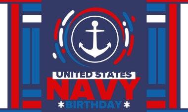 ABD Donanması doğum günü. Amerika 'da tatil. Amerikan Donanması - Silahlı Kuvvetler 'in deniz harp kolu. 13 Ekim 'de yıllık kutlama. Çapa sembolü. Vatansever unsurlar. Poster, kart, pankart. Vektör